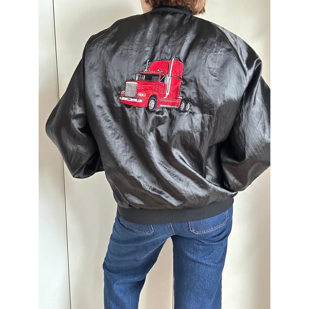 VTG  Retro Sateen Jacket Womens Size XL Mens L Black Red Graohic Trucker Western